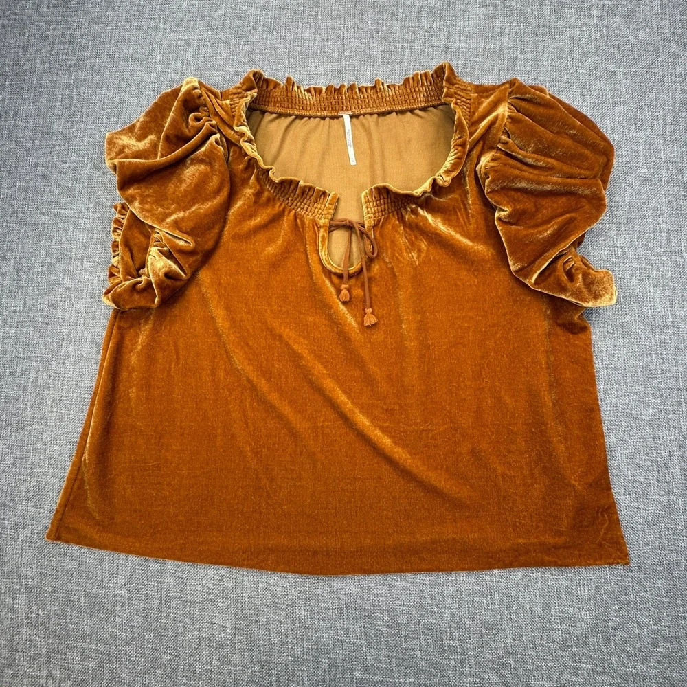 Free People Terese Velvet Top‎ Womens M Pumpkin Pie Puff Sleeve Tassel Tie Neck